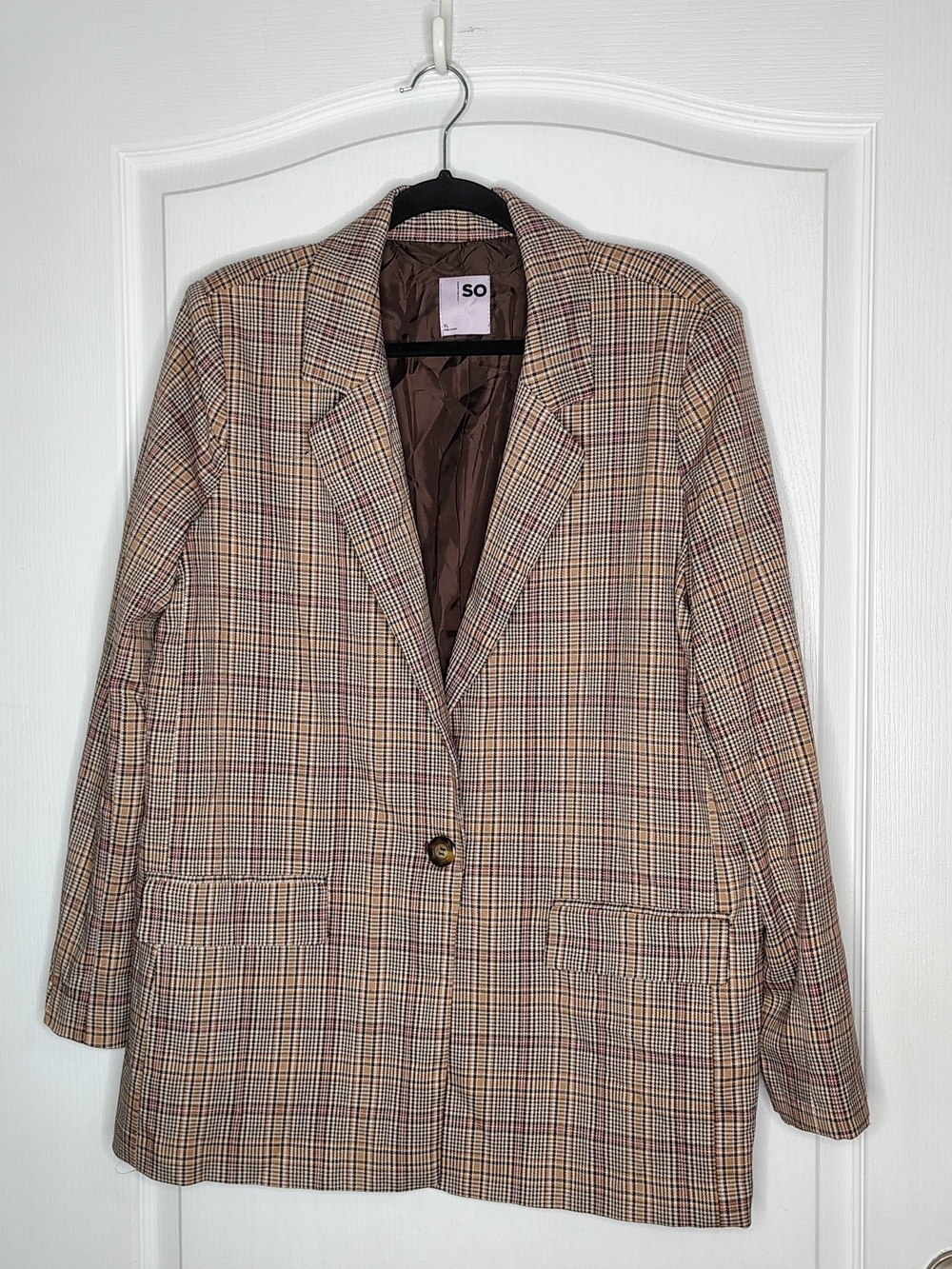 SO Taupe and Brown Plaid Single-Button Blazer